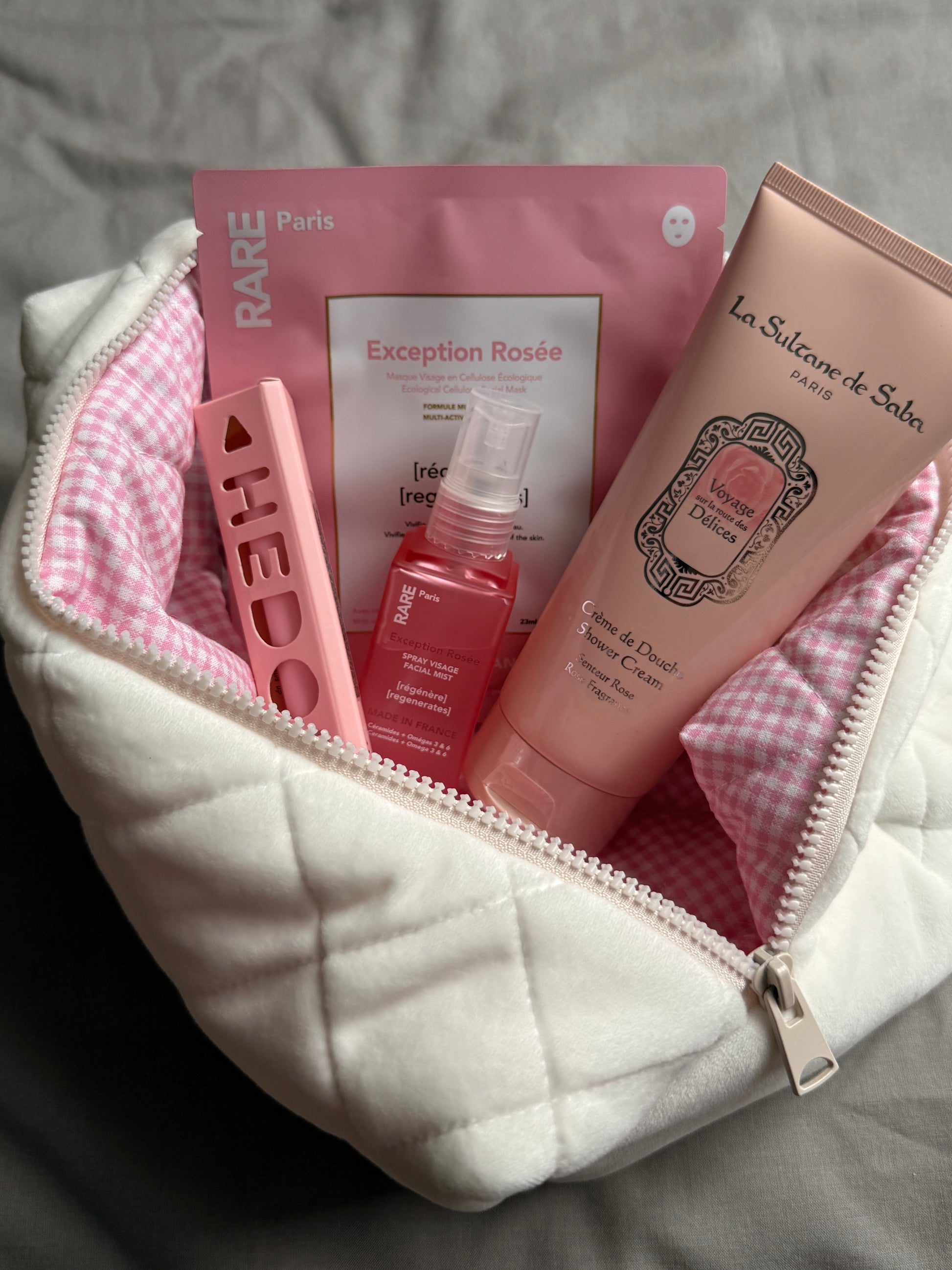 Kosmetiktasche – Weiß mit rosa Karomuster innen – 24 cm